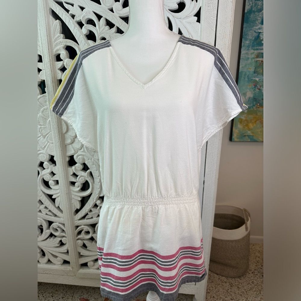 Roxy Women's V-Neck Striped Linen Mini Dress White Size S Resort Wear